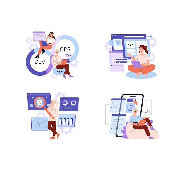 developers working on devops coding and app testing set