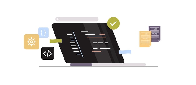 developing new software on laptop and freelance developer programming, coding, development concept.