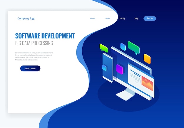 developing programming and coding technologies concept. website design. big data processing, computing isometric vector illustration.