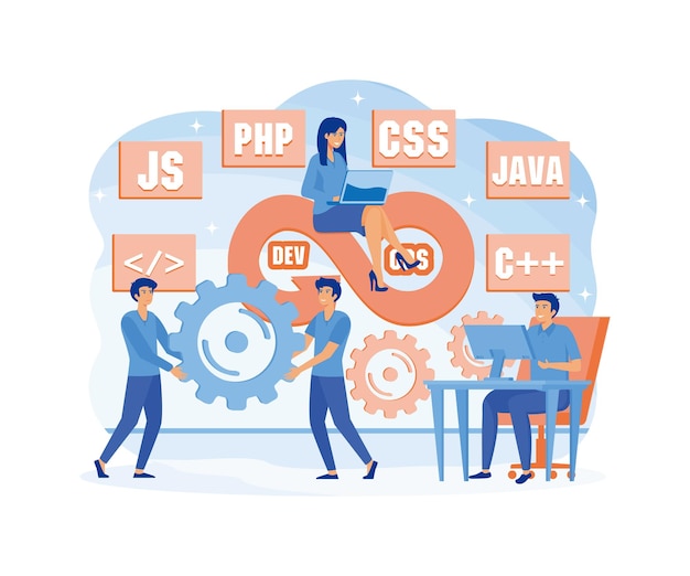 devops concept programmers practice of development and software operations developer working on operations process technical support programming code flat vector modern illustration