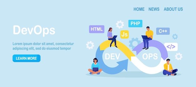 devops concept programmers practice of development and software operations developer working on operations process technical support programming code programmer using devops method vector design