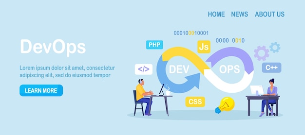 devops concept programmers practice of development and software operations developer working on operations process technical support programming code programmer using devops method vector design