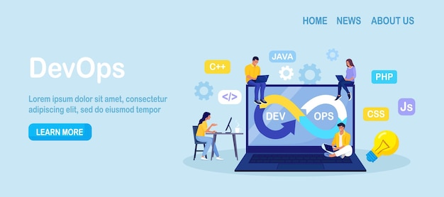 devops concept programmers practice of development and software operations developer working on operations process technical support programming code programmer using devops method vector design