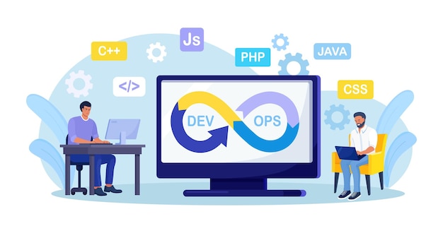devops concept programmers practice of development and software operations developer working on operations process technical support programming code programmer using devops method vector design