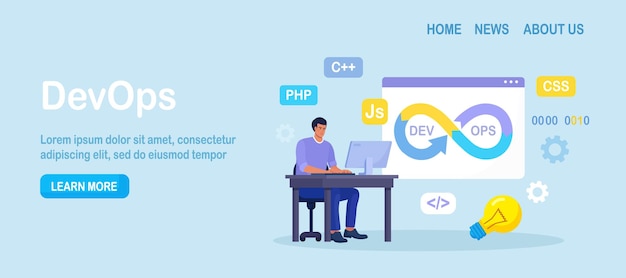 devops concept programmers practice of development and software operations developer working on operations process technical support programming code programmer using devops method vector design