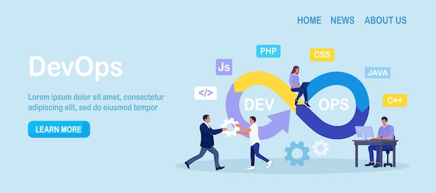 devops concept programmers practice of development and software operations developer working on operations process technical support programming code programmer using devops method vector design