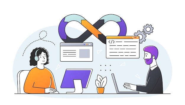 DevOps エンジニア コンセプト開発者 コンピューターに座ってプログラミング言語を使ってウェブサイトを作成します