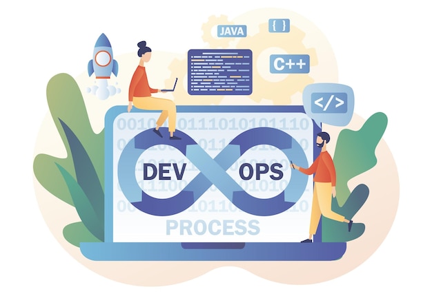 devops process on laptop. tiny programmers practice of development and software operations.