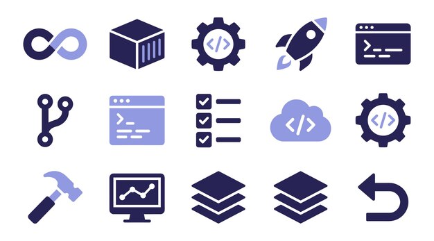 devops workflow and software development vector icons set for programmers