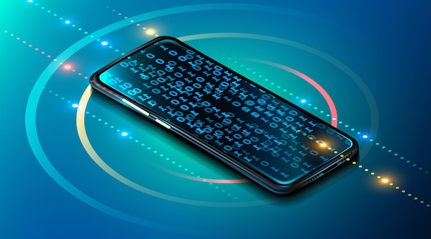 digital mobile technology. device with binary code   of mobile programming