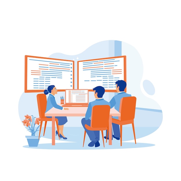 discuss together and develop programming and coding on a computer screen software developers concept