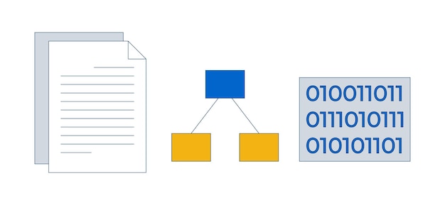 documents flowchart and binary code 2d cartoon objects set