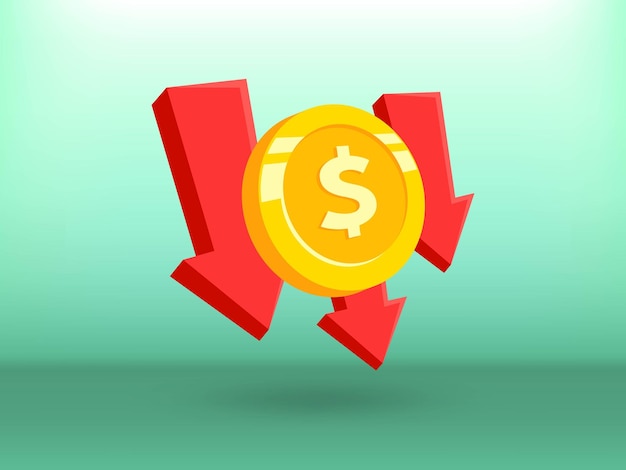 dollar coin red down arrows decrease indicating financial decline inflation