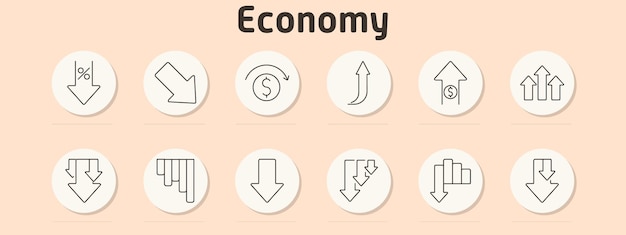 economy set icon percent decrease downward arrow currency cycle upward curve dollar increase growth arrows decline chart double down bar graph decrease downward trend triple down drop