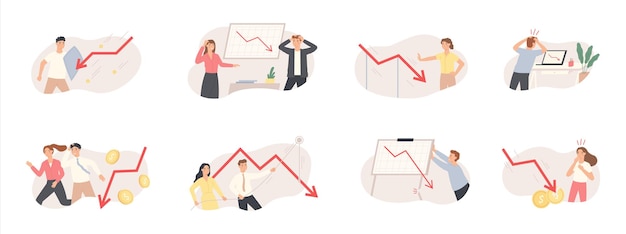 finance decrease and crisis graph illustration set