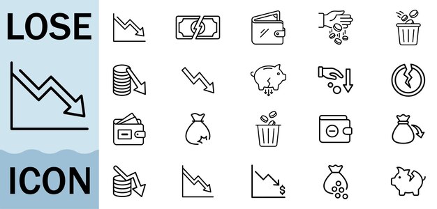 financial loss icon set representing budget decrease and debt