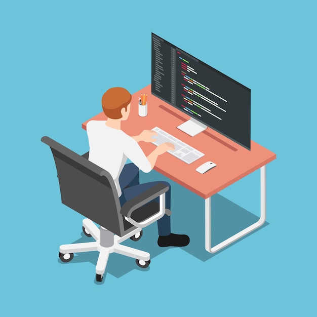 flat 3d isometric software developer or programmer coding on pc computer. programming and web design concept.