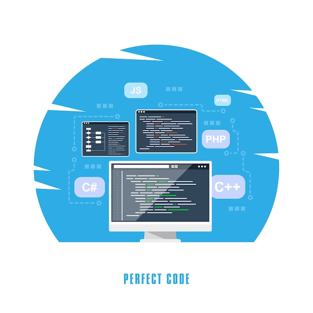 flat style  design, coding, programming, application development concept.