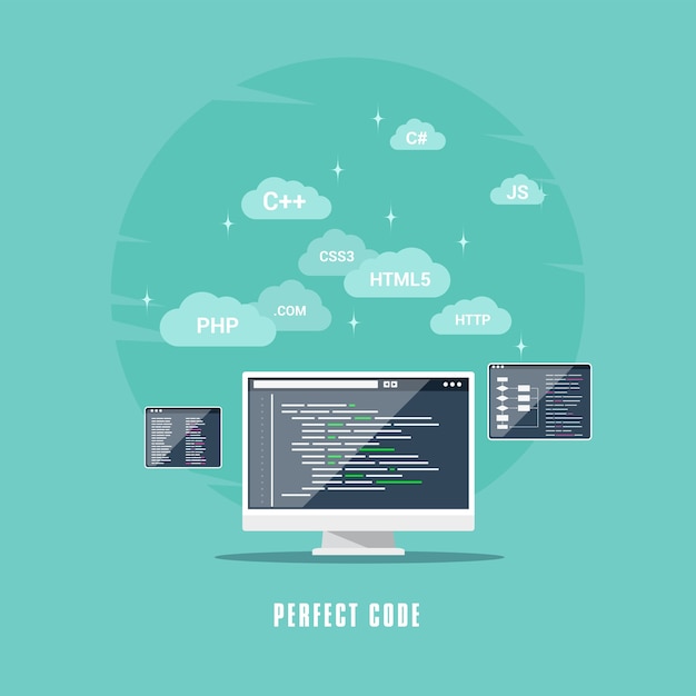 flat style  design, coding, programming, application development concept.