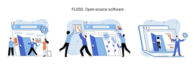 floss open source software code of created program open available for viewing modification use of already created code to create new versions of programs to correct errors refinement of open program