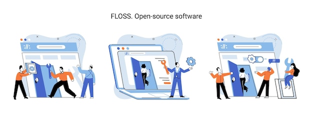 floss open source software code of created program open available for viewing modification use of already created code to create new versions of programs to correct errors refinement of open program