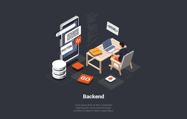 front and back end of development responsive web design website interface coding and programming it developer develop new startup project using python language isometric 3d vector illustration