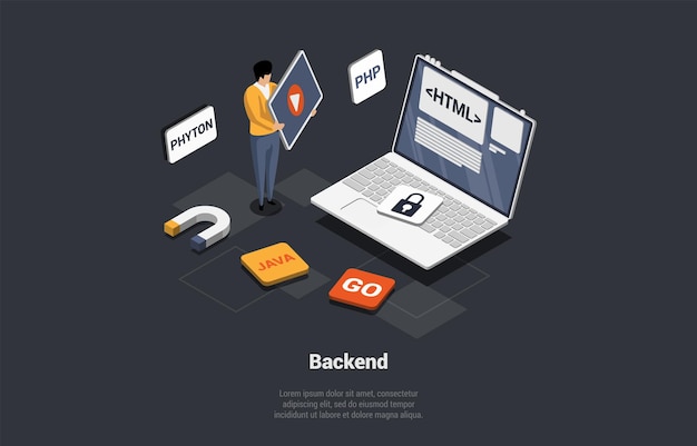 front and back end of development responsive web design website interface coding and programming man develop new website using python php and html languages isometric 3d vector illustration