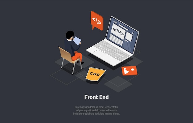 front and back end of development responsive web design website interface and programming man developer coding website using css python c and html languages isometric 3d vector illustration