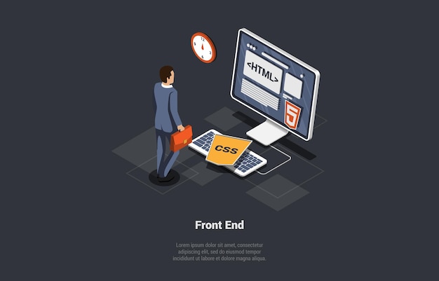 front and back end of development website interface and programming businessman control process of developer coding website using css python c and html languages isometric 3d vector illustration
