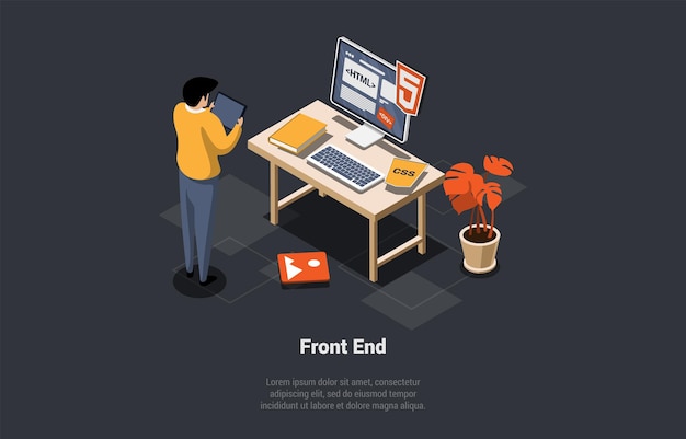 front and back end of development website interface and programming male character control process of developer coding website using css python and html languages isometric 3d vector illustration