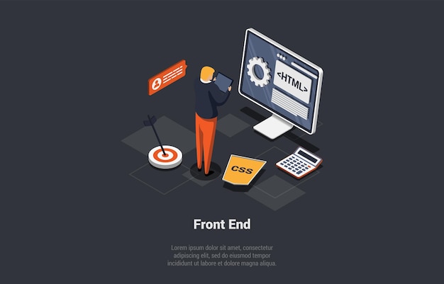 front and back end of development website interface and programming man team lead control process of developer coding website using css python and html languages isometric 3d vector illustration