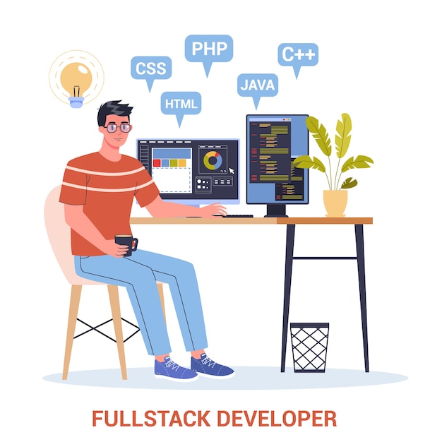   of a full stack developer working on computer. it professional programmer coding, website creation process. computer technology.   