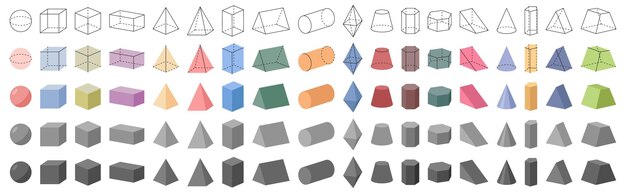 geometric 3d shapes solid and contours objects vector cube rectangular and triangular pentagonal and