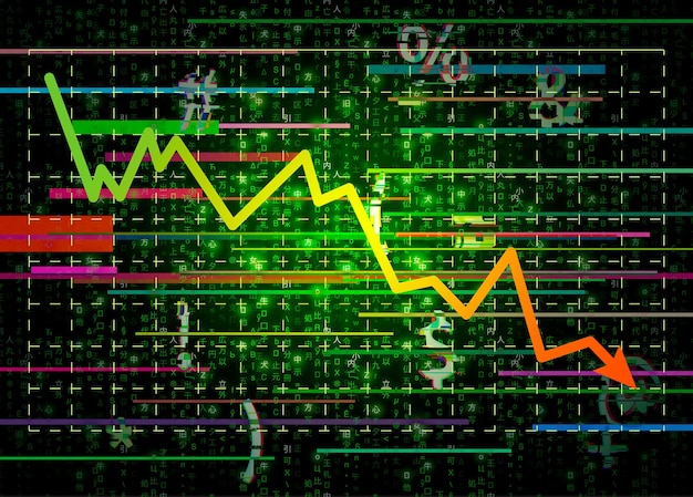 glitch green matrix symbols with decrease trade graph