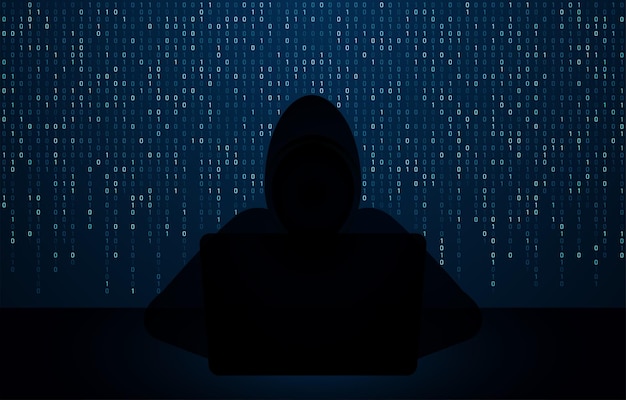 hacker using laptop with binary code digital interface