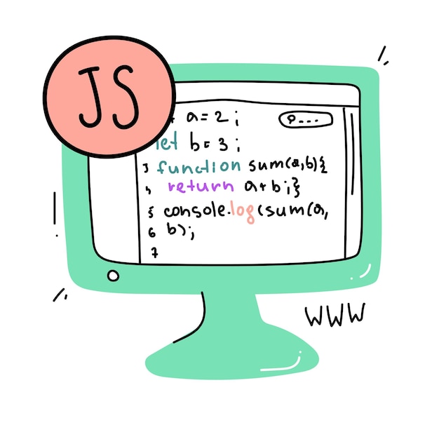 hand drawn illustration of a computer with java script code web development concept