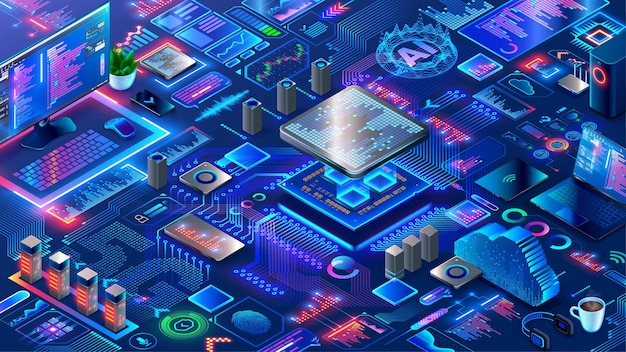 hardware and software computer technology background isometric elements of development engineering electronics systems and devices design programming or coding of microcontrollers or chips