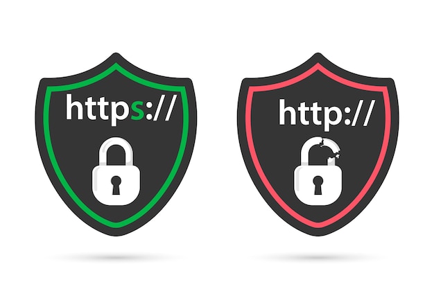 쉴드의 Http 및 https 프로토콜. 안전하고 안전한 https. 보안 SSL 방패 및 자물쇠 기호.