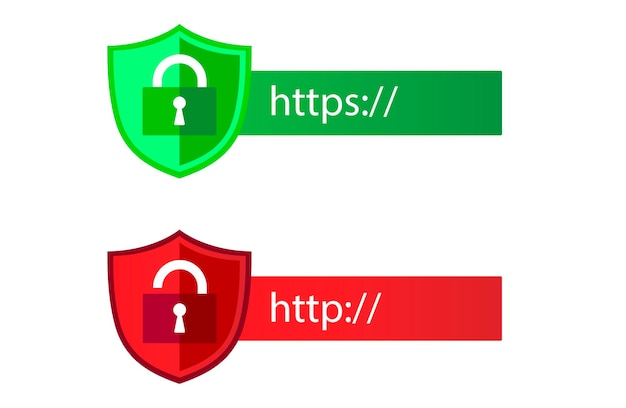 실드의 HTTP 및 HTTPS 프로토콜. 안전한 보안, HTTPS. 보안 SSL 실드 및 자물쇠 기호.