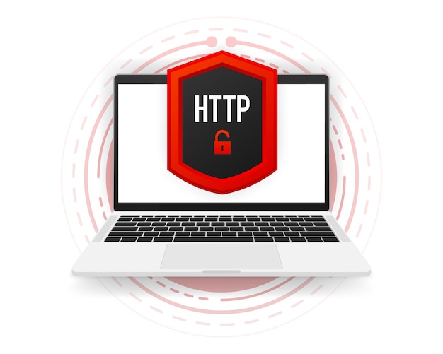 HTTPS 및 HTTP 프로토콜, 안전한 웹 서핑 및 데이터 암호화. 컴퓨터 배너 벡터 일러스트 레이 션.
