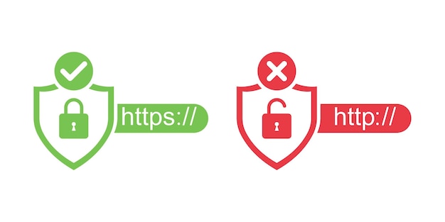 https and http security certificates on white background. secure and insecure web protocols.