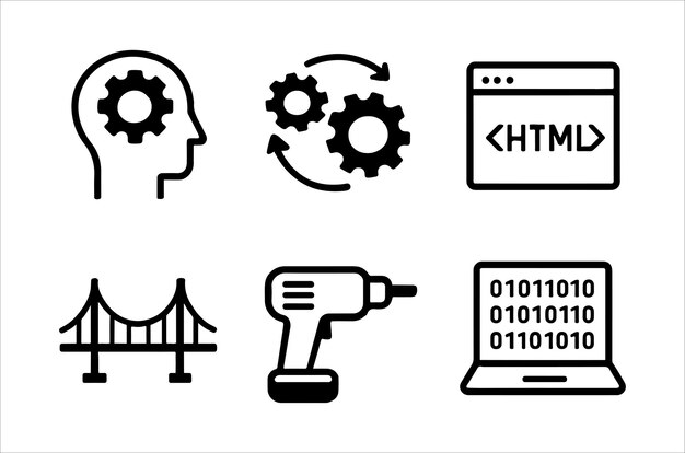 icon set featuring gears brain code bridge tools and binary code elements