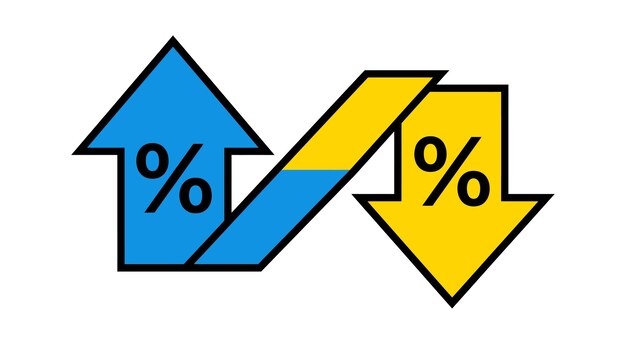 illustrated blue and yellow percentage increase and decrease arrows isolated