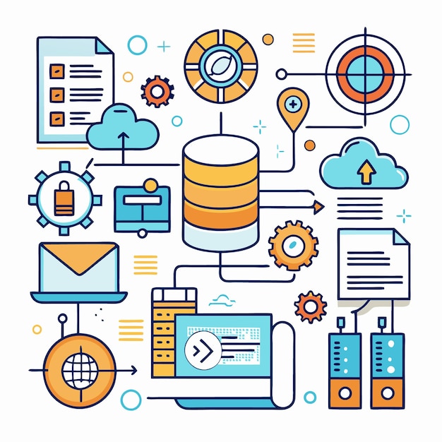 illustrated concept of data processing network and cloud computing