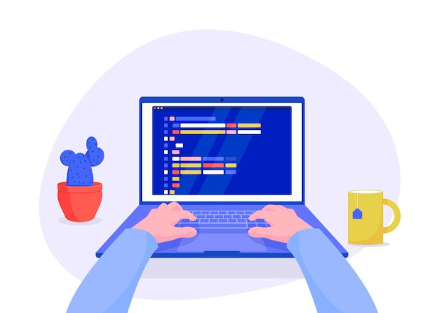 man programmer working on computer with code on screen illustration. programmer working writing code