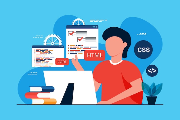 man working as programmer writing code using laptop website developer coding software on computer