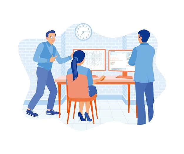 the manager and team of programmers work on two computers develop programming and coding technology