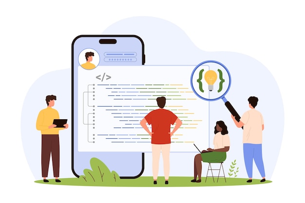 mobile app and software development tiny people develop program code on phone screen