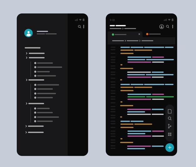 mobile application code editor colorful syntax highlighting software development programming coding