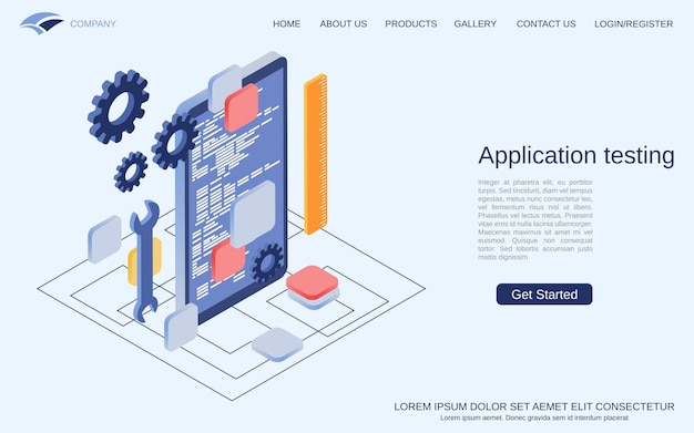 mobile application testing interface construction program coding flat 3d isometric vector concept